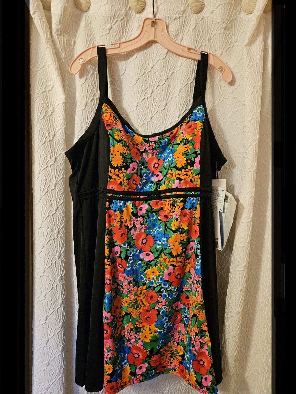 A SHORE FIT    Black Tankini Swim Top with Bright Floral Front